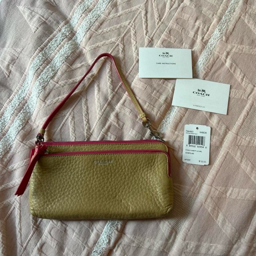 NWT COACH Varsity Large Double Zip Wristlet in Khaki & Watermelon Pink